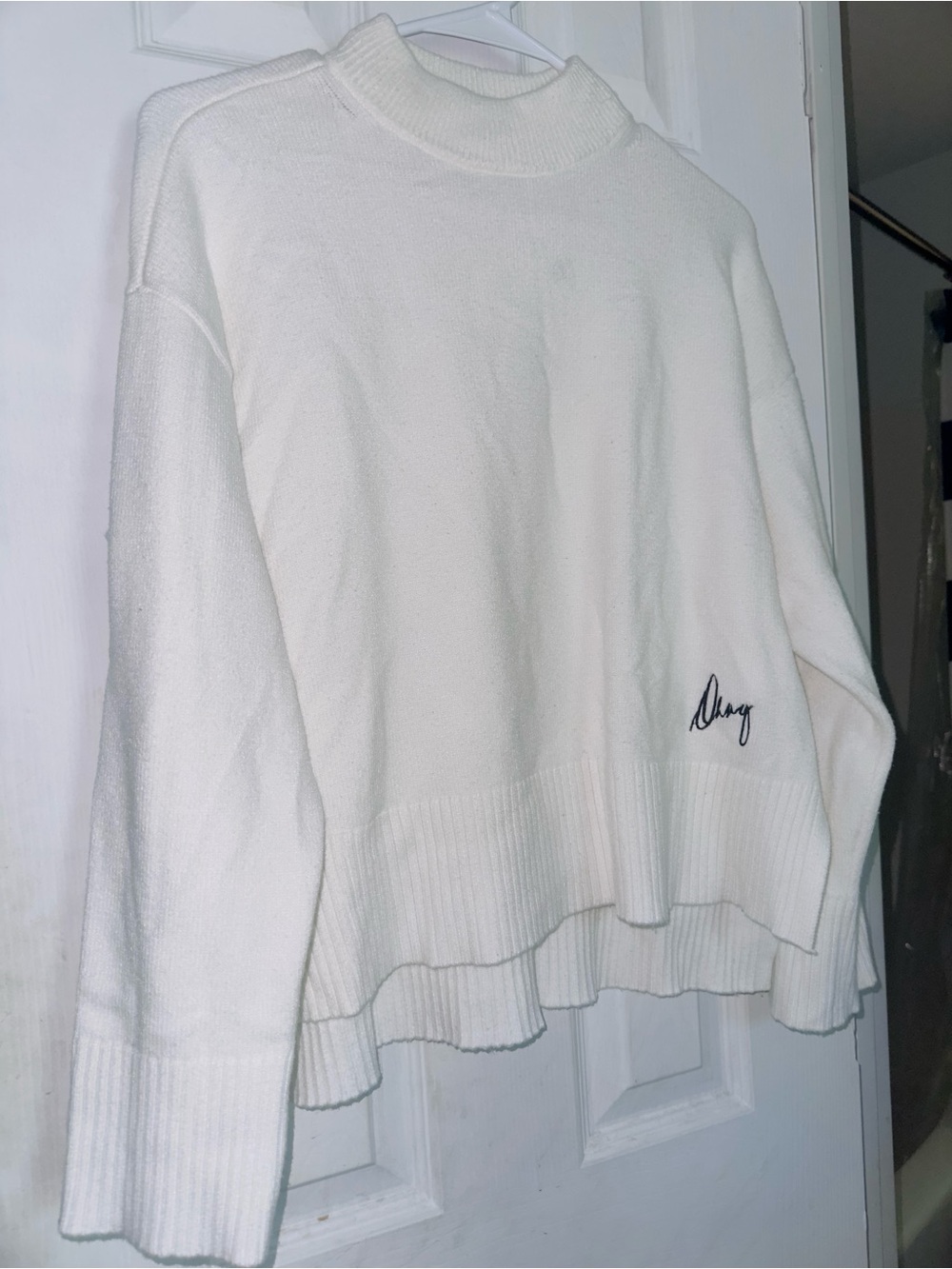 DKNY Cream Mock Neck Sweater with Embroidered Script